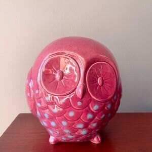 Seto Ware Japanese Ceramic Owl High Gloss Pink with Blue Feathers